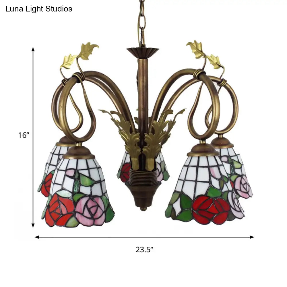 Lámpara de araña rústica con cadena ajustable - Lámpara colgante de rosas, 5 luces, vitral, roja