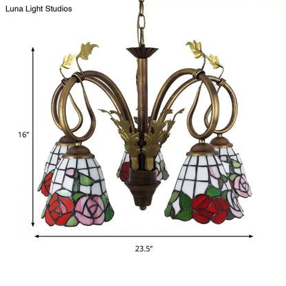 Lámpara de araña rústica con cadena ajustable - Lámpara colgante de rosas, 5 luces, vitral, roja