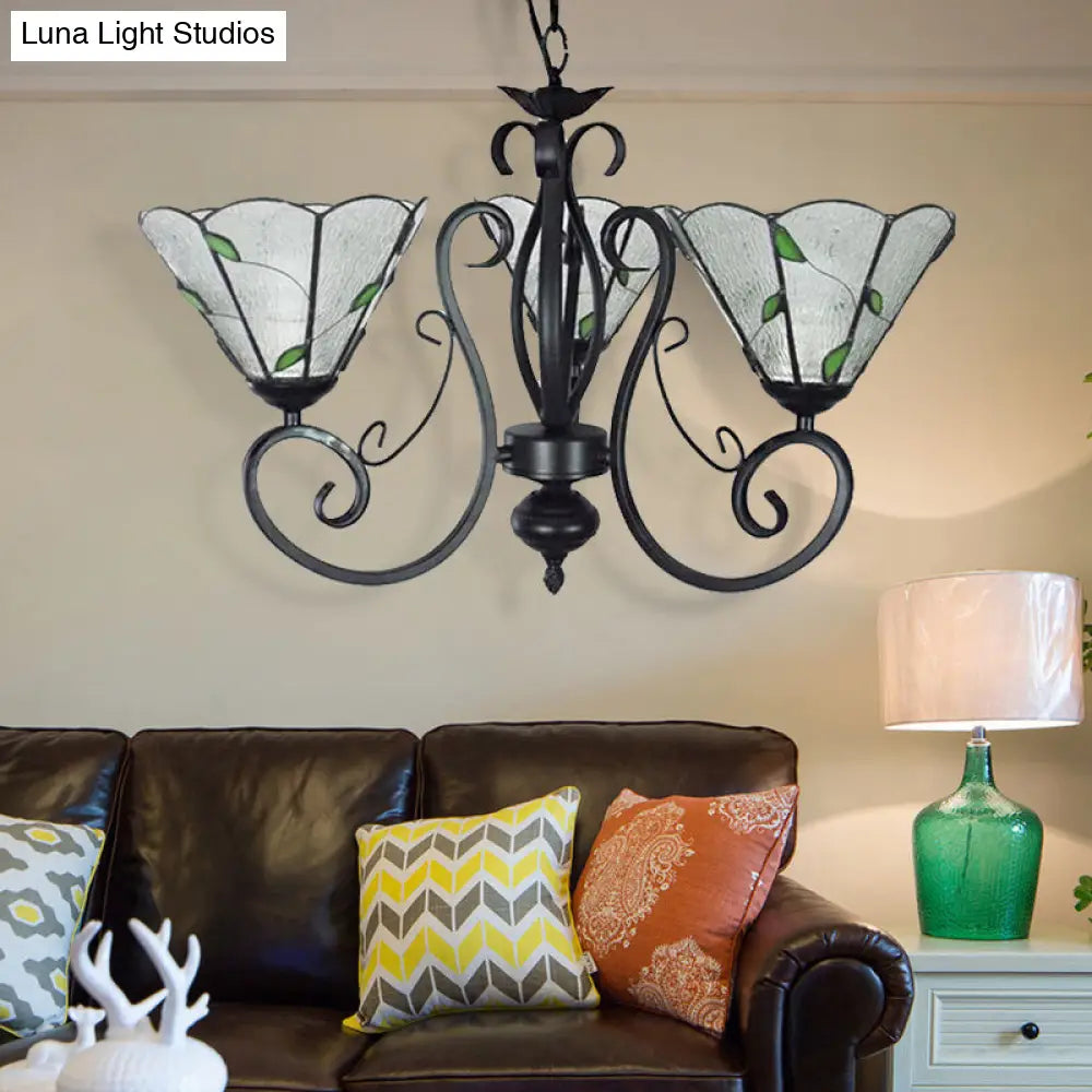 Lámpara colgante vintage de cristal con cadena ajustable - Araña de techo con forma de hoja y 3 luces en azul/transparente para sala de estar