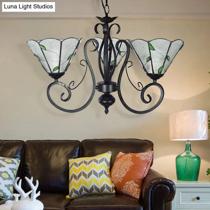 Lámpara colgante vintage de cristal con cadena ajustable - Araña de techo con forma de hoja y 3 luces en azul/transparente para sala de estar