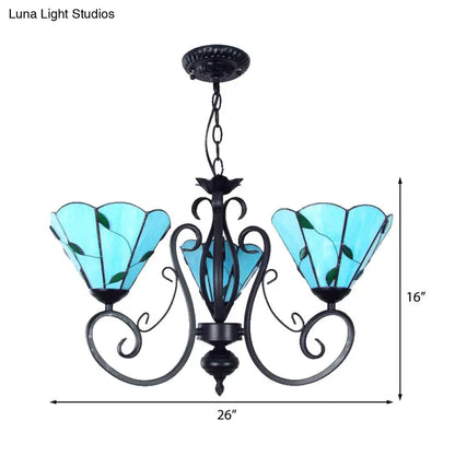 Lámpara colgante vintage de cristal con cadena ajustable - Araña de techo con forma de hoja y 3 luces en azul/transparente para sala de estar