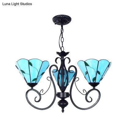 Lámpara colgante vintage de cristal con cadena ajustable - Araña de techo con forma de hoja y 3 luces en azul/transparente para sala de estar