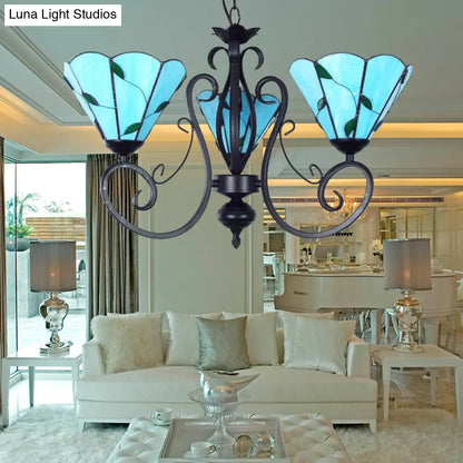 Lámpara colgante vintage de cristal con cadena ajustable - Araña de techo con forma de hoja y 3 luces en azul/transparente para sala de estar