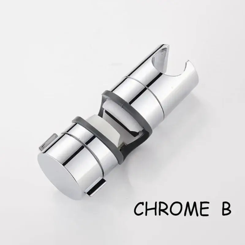 Adjustable chrome and gray shower head holder with sleek cylindrical design and black rubberized grip bands for bathroom use