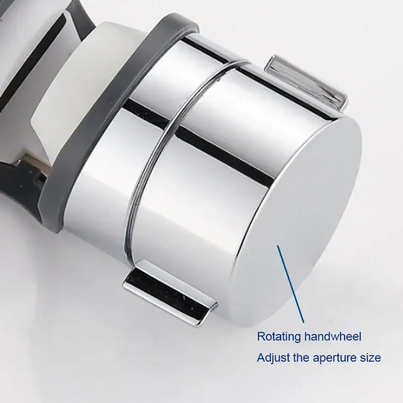 Adjustable chrome and gray shower head holder with chrome-finished rotating handwheel and black rubber grip for secure adjustment