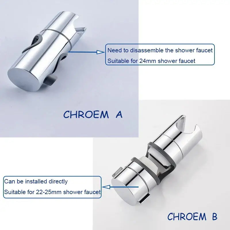 Adjustable chrome and gray shower head holder with sleek cylindrical design and mounting bracket for 22-25mm faucets