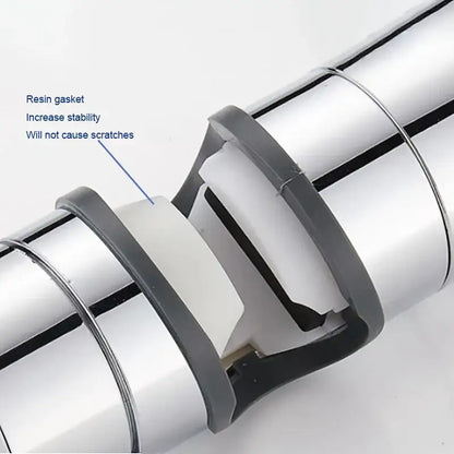 Adjustable chrome and gray shower head holder with silver cylindrical pipe and black resin gaskets for stability and scratch protection