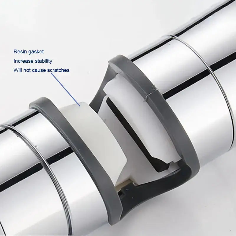 Adjustable chrome and gray shower head holder with silver cylindrical pipe and black resin gaskets for stability and scratch protection