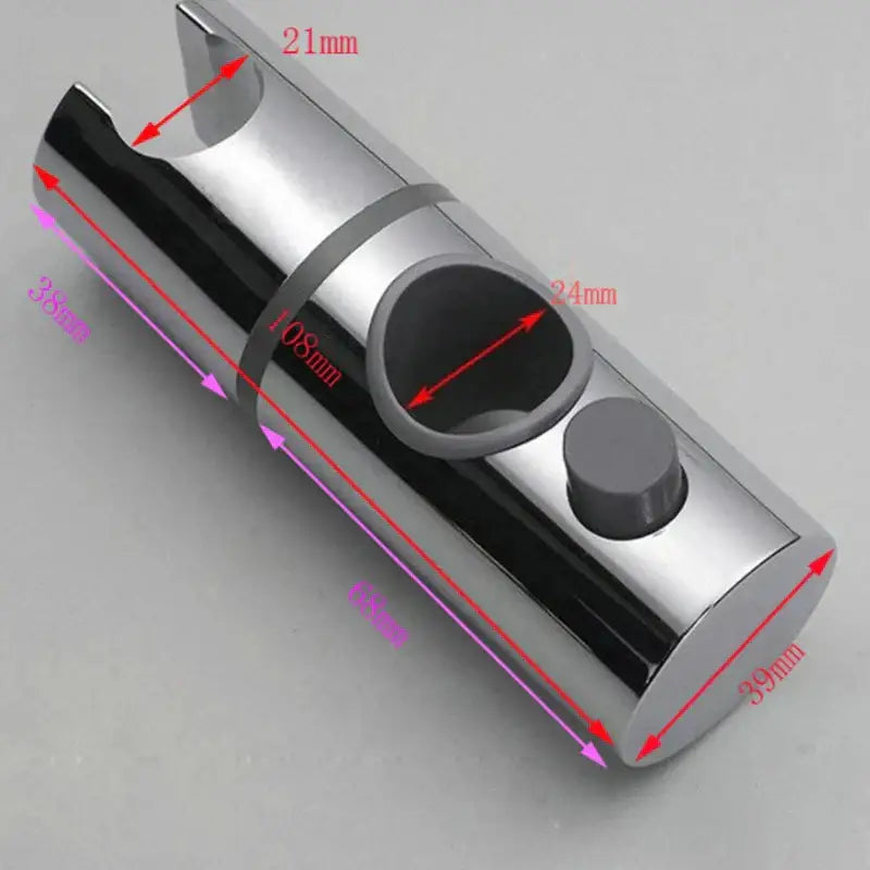 Adjustable chrome and gray shower head holder with chrome-finished adapter and precise dimensional markings for installation