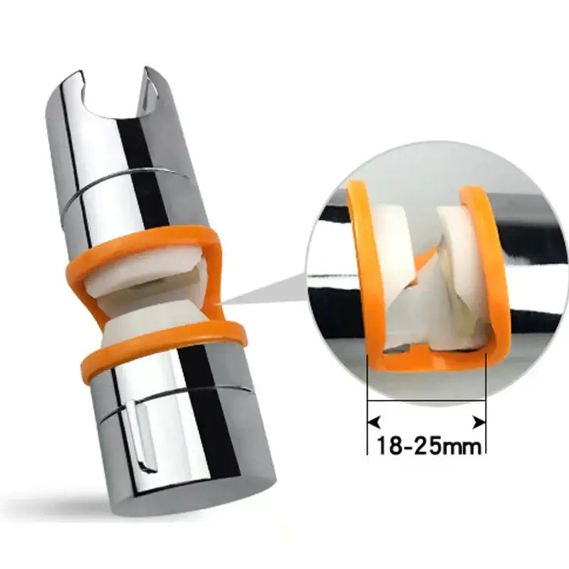 Adjustable chrome and gray shower head holder with chrome-finished adapter, bright orange rings, and white rubber seals
