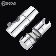 Adjustable chrome and gray dual-sided shower head holder with rubberized grip accents for bathroom slider bracket