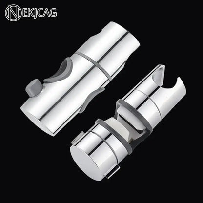 Adjustable chrome and gray dual-sided shower head holder with rubberized grip accents for bathroom slider bracket