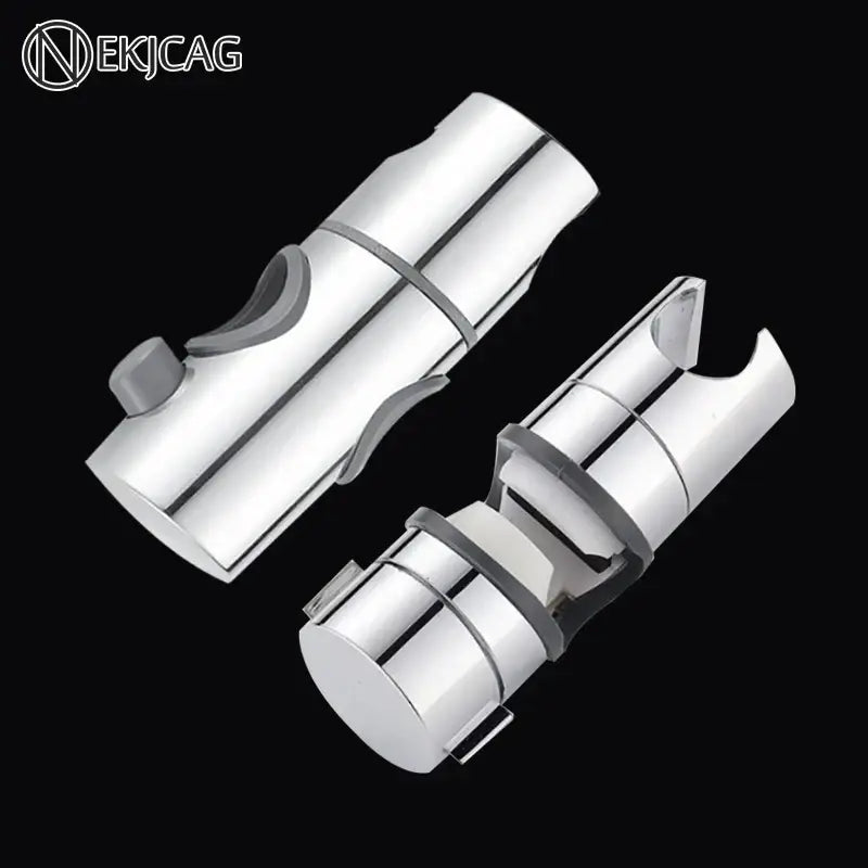 Adjustable chrome and gray dual-sided shower head holder with rubberized grip accents for bathroom slider bracket