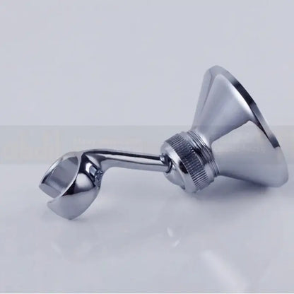 Adjustable chrome brass shower holder bracket with sleek curved arm and threaded base for secure wall mount installation