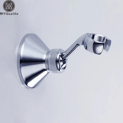 Adjustable chrome brass shower holder bracket with sleek arm and flared base for bathroom wall mount use