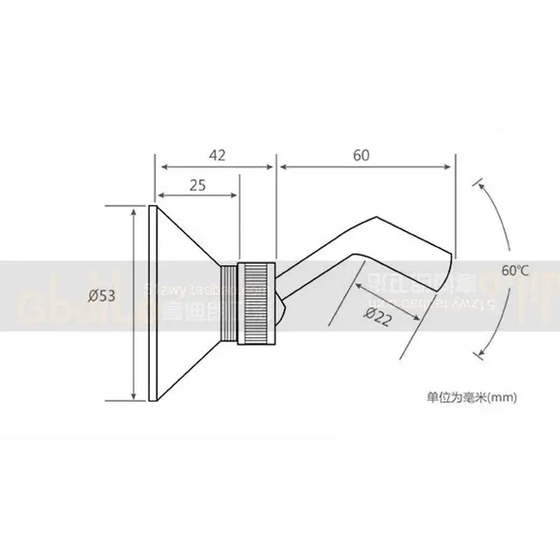 Technical schematic of a chrome brass adjustable shower holder bracket with conical nozzle and threaded connection in millimeters