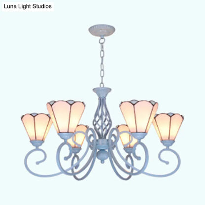 Lámpara de araña cónica ajustable con 6 luces colgantes de cristal tradicionales en azul y blanco.