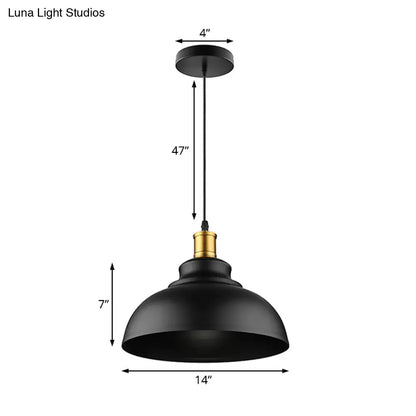 Adjustable Cord Black/White Retro Metal Dome Shade Ceiling Pendant - 1 Bulb Hanging Fixture in 12"/14"/16" W