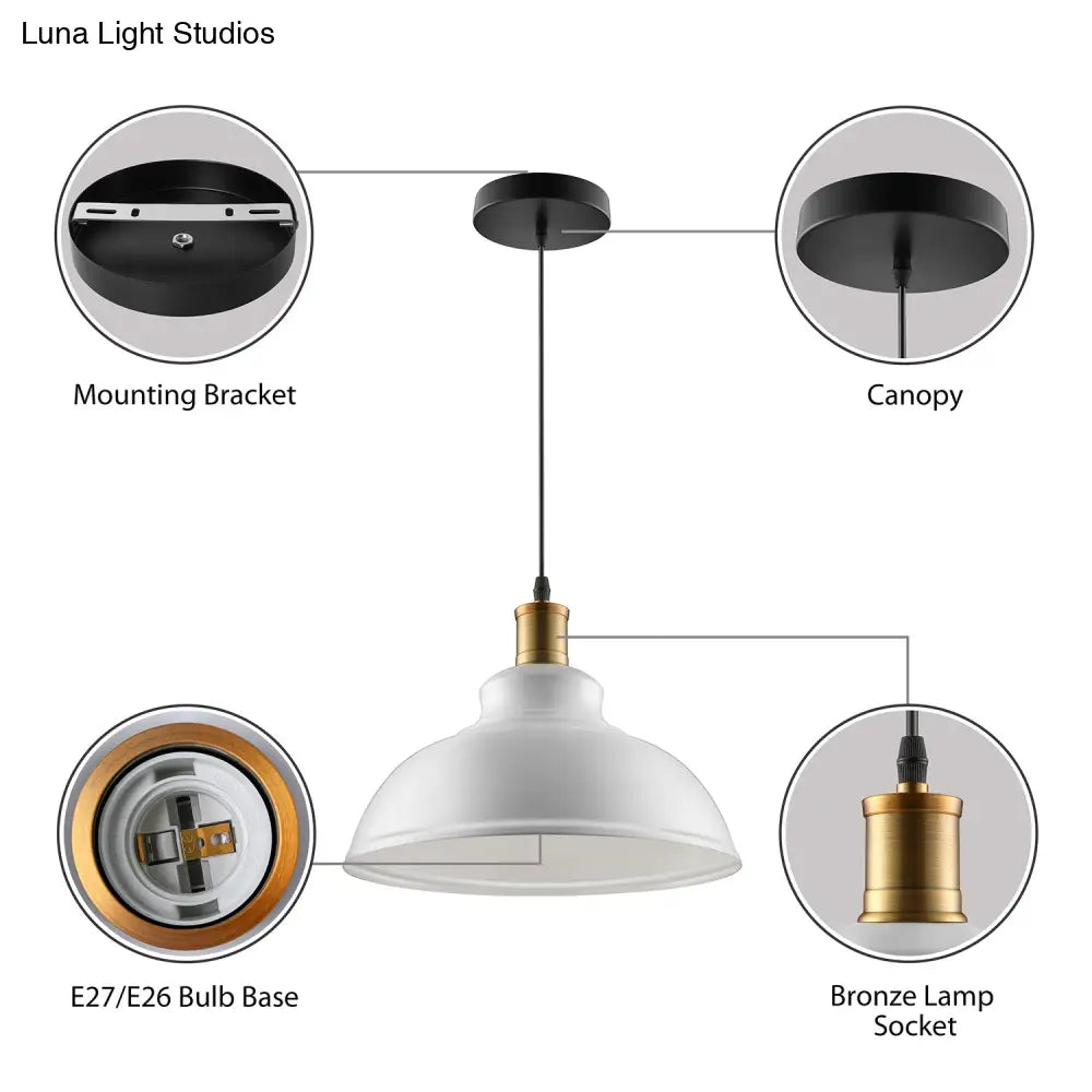 Adjustable Cord Black/White Retro Metal Dome Shade Ceiling Pendant - 1 Bulb Hanging Fixture in 12"/14"/16" W