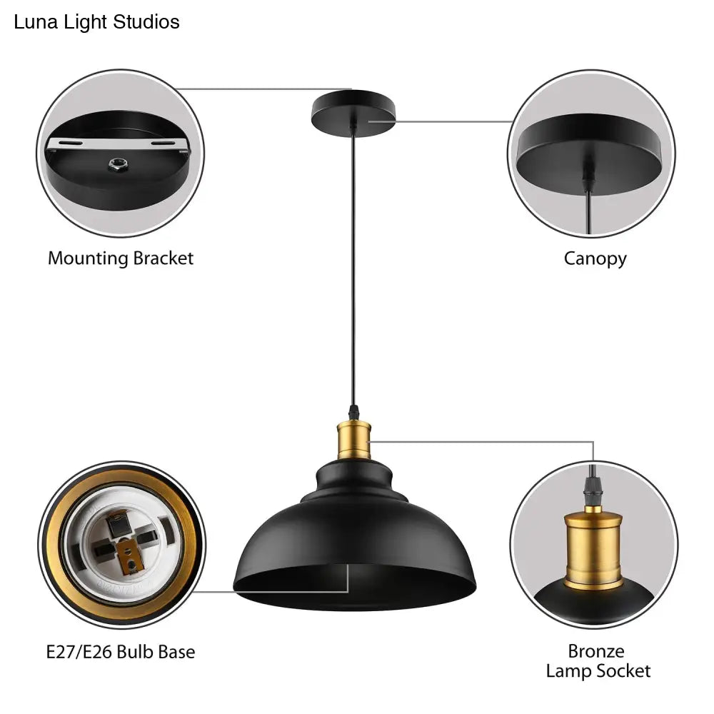 Adjustable Cord Black/White Retro Metal Dome Shade Ceiling Pendant - 1 Bulb Hanging Fixture in 12"/14"/16" W