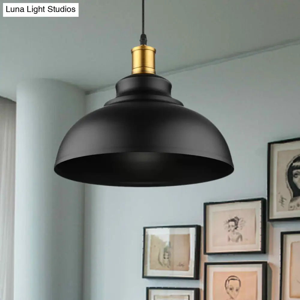 Adjustable Cord Black/White Retro Metal Dome Shade Ceiling Pendant - 1 Bulb Hanging Fixture in 12"/14"/16" W