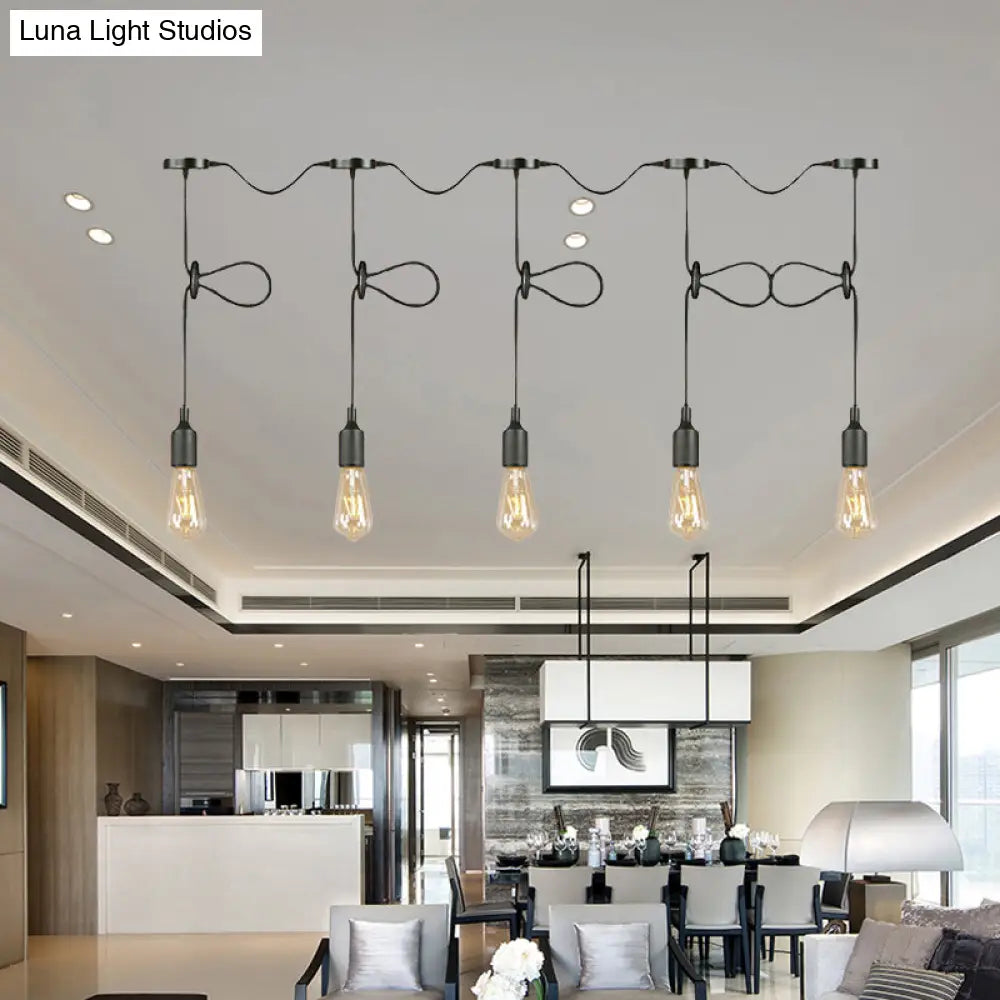 Adjustable Cord Industrial Black Metal Ceiling Light Fixture with 3/5/7-Light Bare Bulb Pendant Lighting