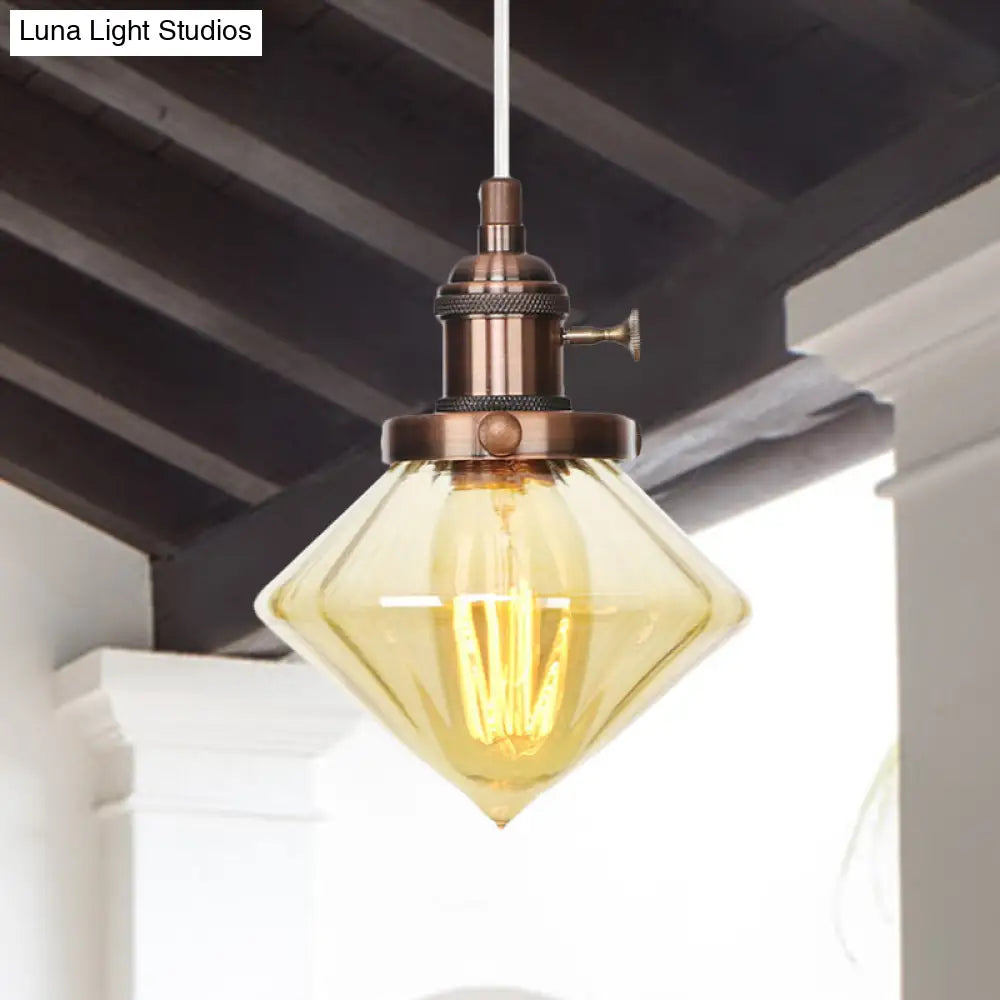 Adjustable Height Industrial Pendant Light with Diamond Glass Shade - Black/Bronze/Brass Finish, Indoor Hanging Lighting - 1 Light