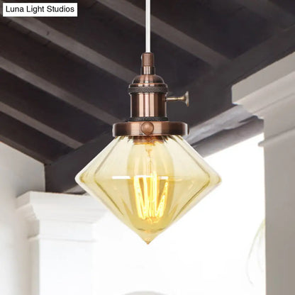 Adjustable Height Industrial Pendant Light with Diamond Glass Shade - Black/Bronze/Brass Finish, Indoor Hanging Lighting - 1 Light