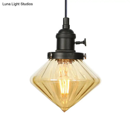 Adjustable Height Industrial Pendant Light with Diamond Glass Shade - Black/Bronze/Brass Finish, Indoor Hanging Lighting - 1 Light