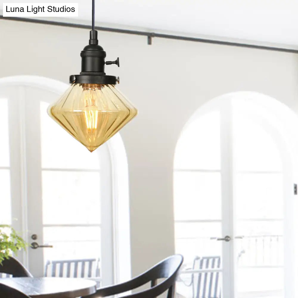 Adjustable Height Industrial Pendant Light with Diamond Glass Shade - Black/Bronze/Brass Finish, Indoor Hanging Lighting - 1 Light