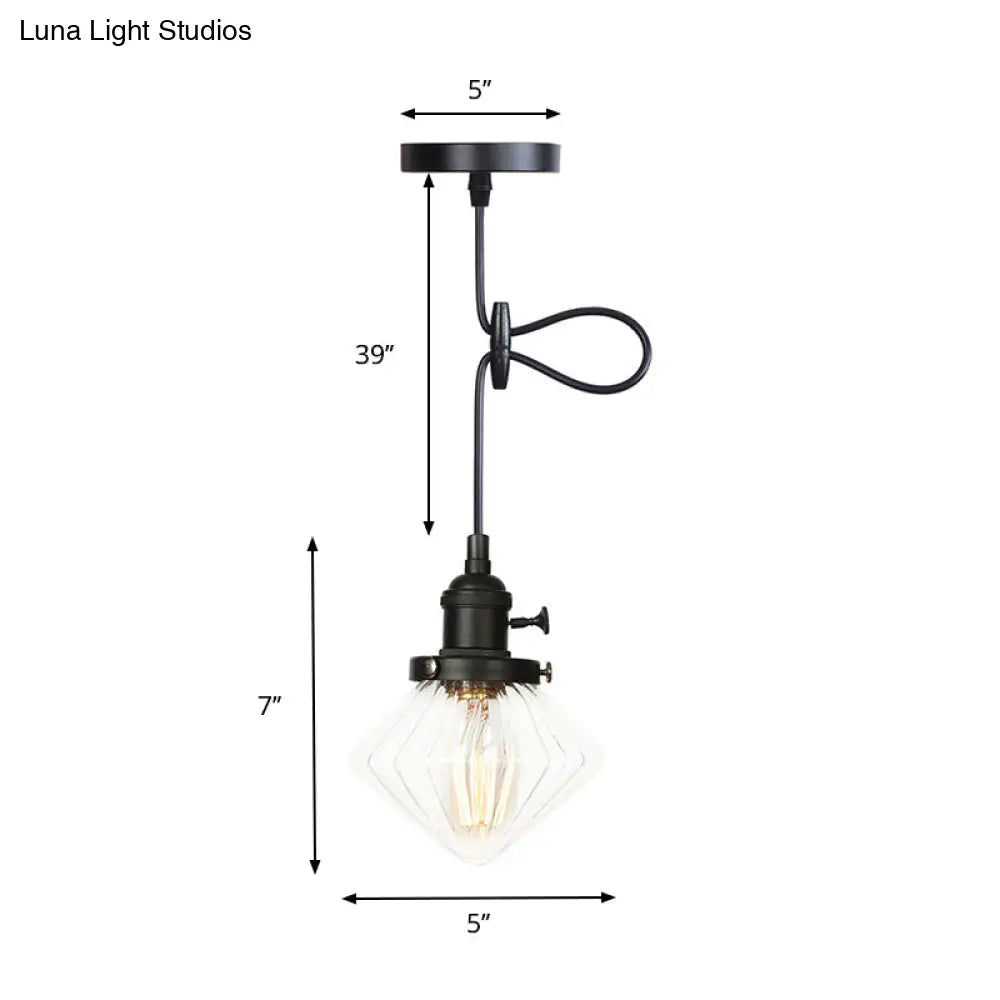 Adjustable Height Industrial Pendant Light with Diamond Glass Shade - Black/Bronze/Brass Finish, Indoor Hanging Lighting - 1 Light