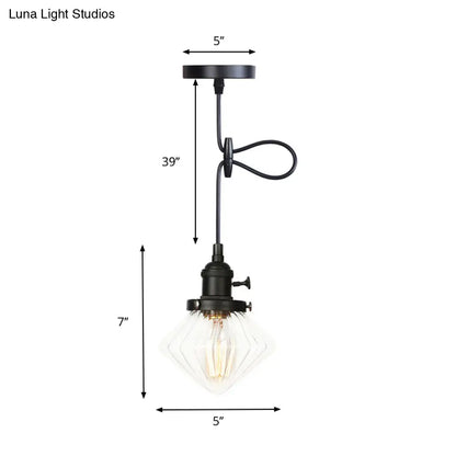 Adjustable Height Industrial Pendant Light with Diamond Glass Shade - Black/Bronze/Brass Finish, Indoor Hanging Lighting - 1 Light