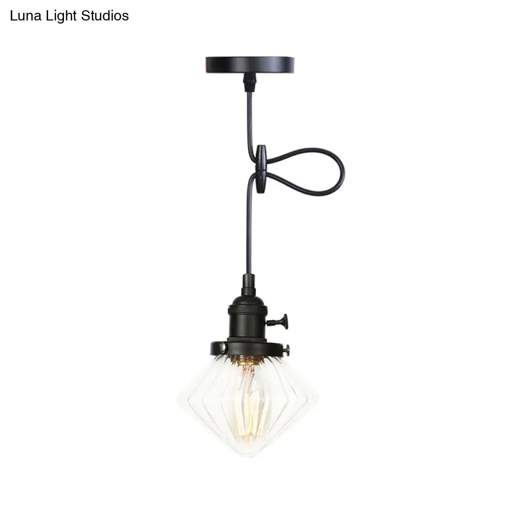 Adjustable Height Industrial Pendant Light with Diamond Glass Shade - Black/Bronze/Brass Finish, Indoor Hanging Lighting - 1 Light