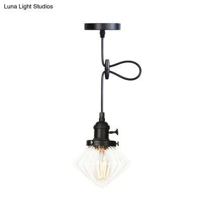 Adjustable Height Industrial Pendant Light with Diamond Glass Shade - Black/Bronze/Brass Finish, Indoor Hanging Lighting - 1 Light