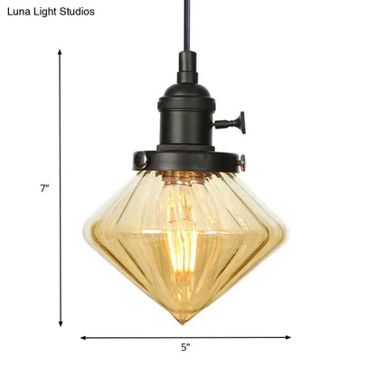 Adjustable Height Industrial Pendant Light with Diamond Glass Shade - Black/Bronze/Brass Finish, Indoor Hanging Lighting - 1 Light