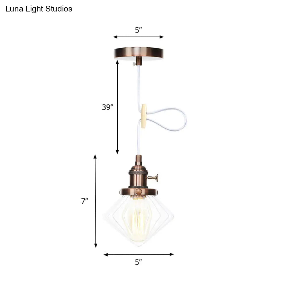 Adjustable Height Industrial Pendant Light with Diamond Glass Shade - Black/Bronze/Brass Finish, Indoor Hanging Lighting - 1 Light