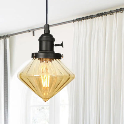 Adjustable Height Industrial Pendant Light with Diamond Glass Shade - Black/Bronze/Brass Finish, Indoor Hanging Lighting - 1 Light