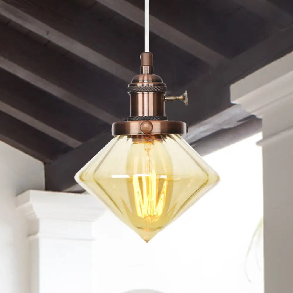 Adjustable Height Industrial Pendant Light with Diamond Glass Shade - Black/Bronze/Brass Finish, Indoor Hanging Lighting - 1 Light