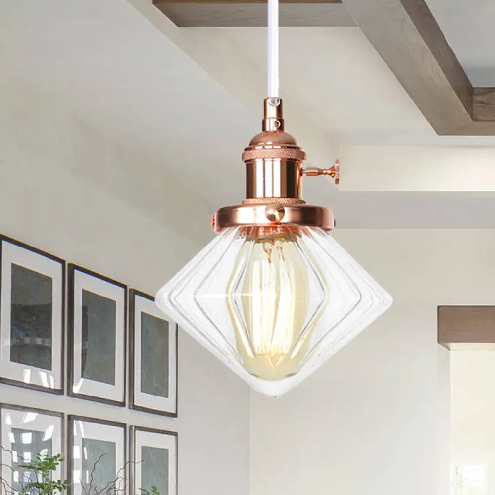 Adjustable Height Industrial Pendant Light with Diamond Glass Shade - Black/Bronze/Brass Finish, Indoor Hanging Lighting - 1 Light