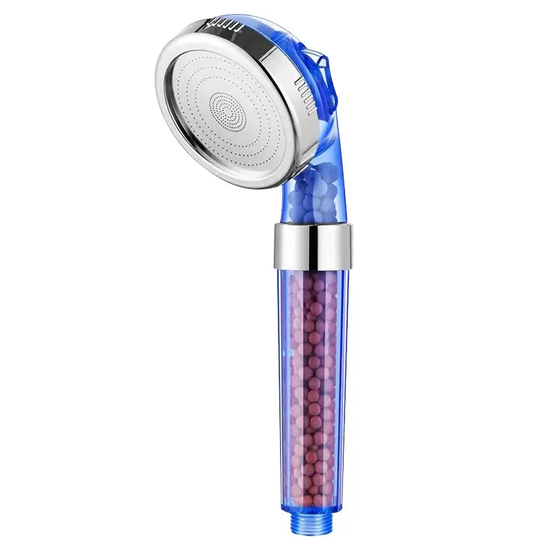 Adjustable high pressure blue transparent shower head with silver nozzle and pink filter beads for bathroom use