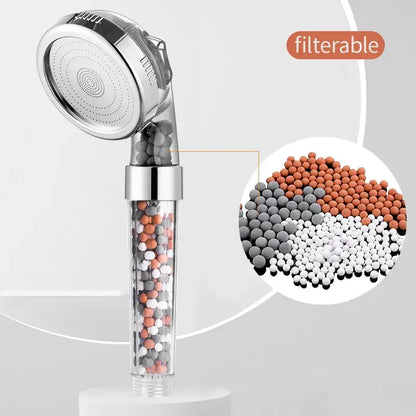 Adjustable high pressure shower head with clear cylindrical body and chrome nozzle filled with multicolored filter beads