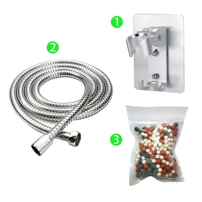 Silver flexible metal shower hose with threaded connectors for adjustable high pressure shower head with filter beads