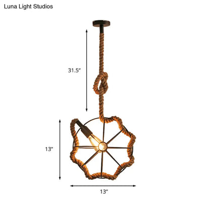 Adjustable Industrial Pendant Light with Beige Rope and Metal Cage Design