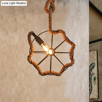 Adjustable Industrial Pendant Light with Beige Rope and Metal Cage Design