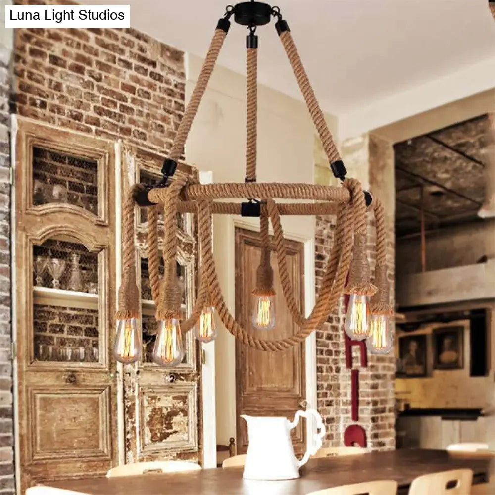 Adjustable Industrial Rope Chandelier - 6 Lights - Beige Ceiling Fixture