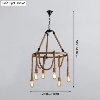 Adjustable Industrial Rope Chandelier - 6 Lights - Beige Ceiling Fixture