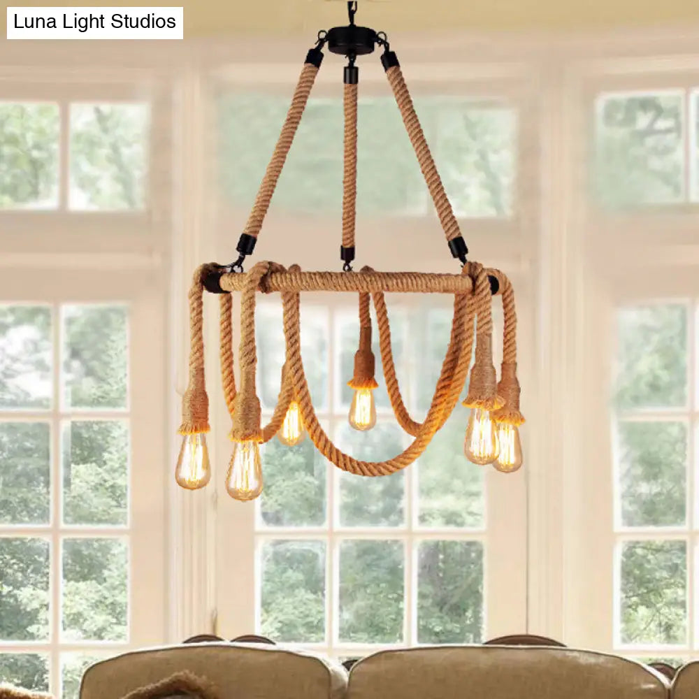 Adjustable Industrial Rope Chandelier - 6 Lights - Beige Ceiling Fixture