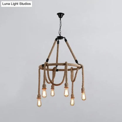 Adjustable Industrial Rope Chandelier - 6 Lights - Beige Ceiling Fixture