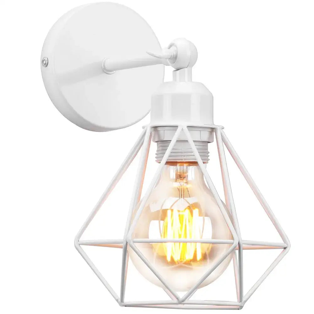 White metal wall light with an adjustable industrial vintage black iron cage design and illuminated Edison bulb for bedroom decorbites