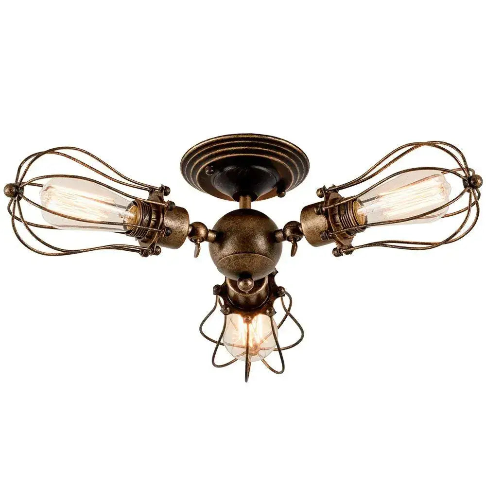 Adjustable industrial wall light in bronze with three exposed Edison bulbs in wire cages for bedroom and hallway decorbites